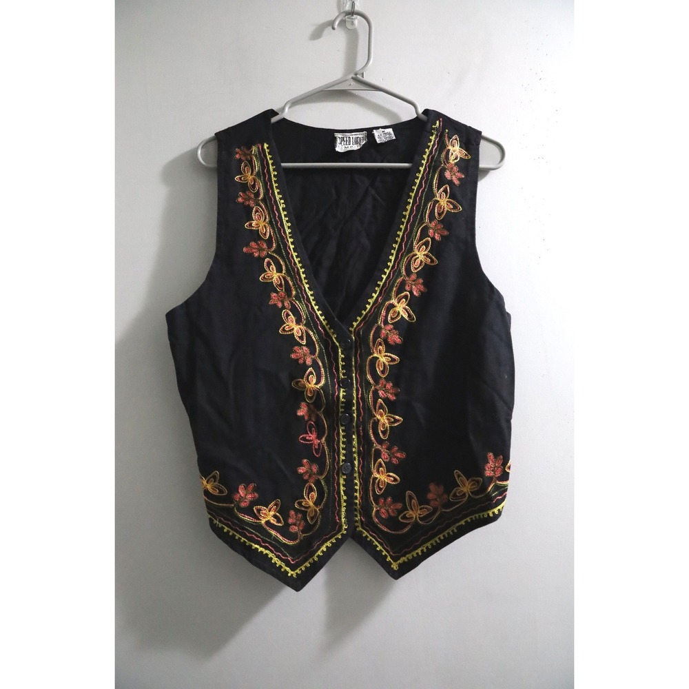 Speed Limit MPH Vintage Black Embroidered Floral Vest Womens Medium Boho Cotton